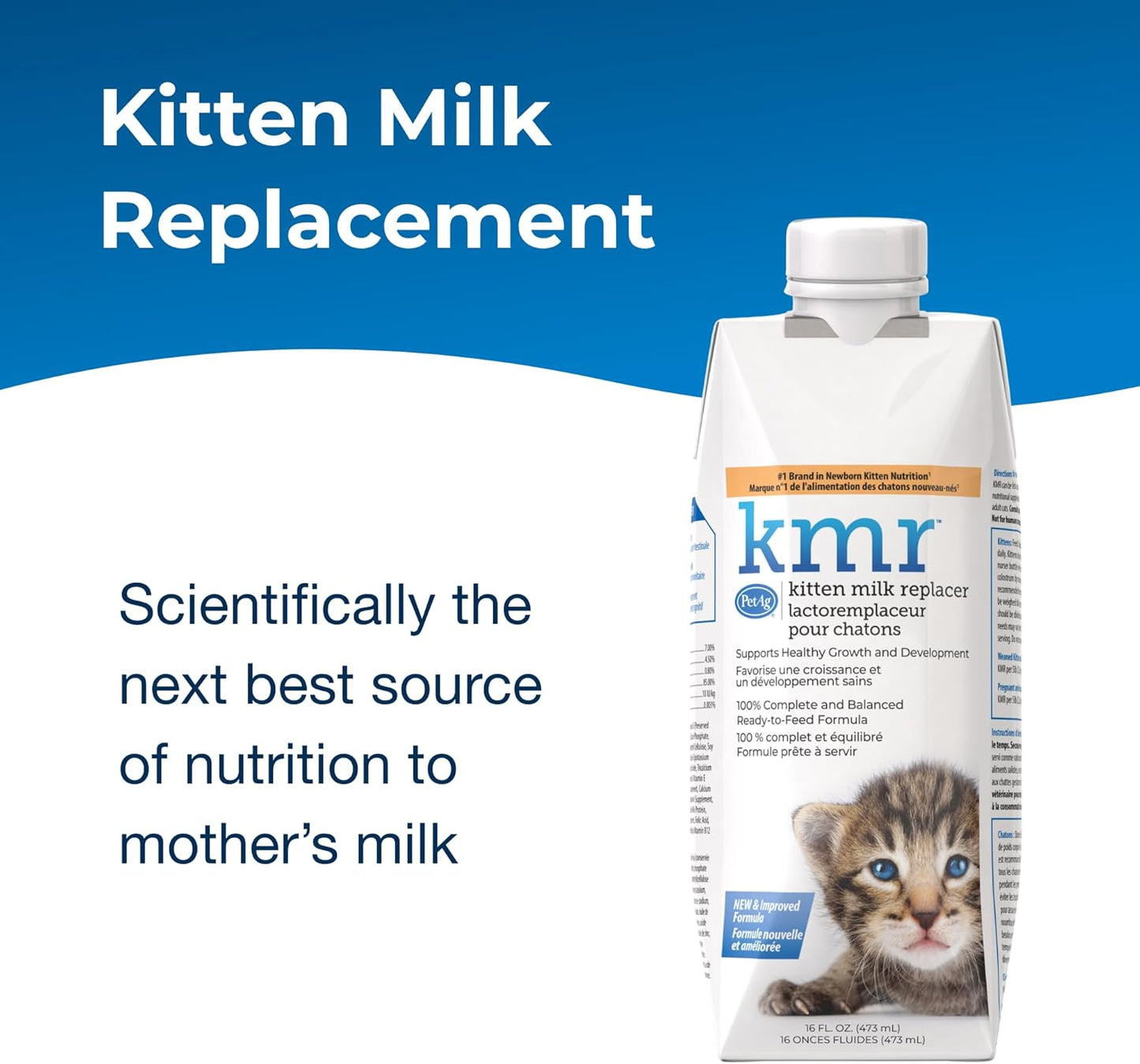 Side profile of PetAg KMR kitten milk package highlighting usage instructions and storage directions.