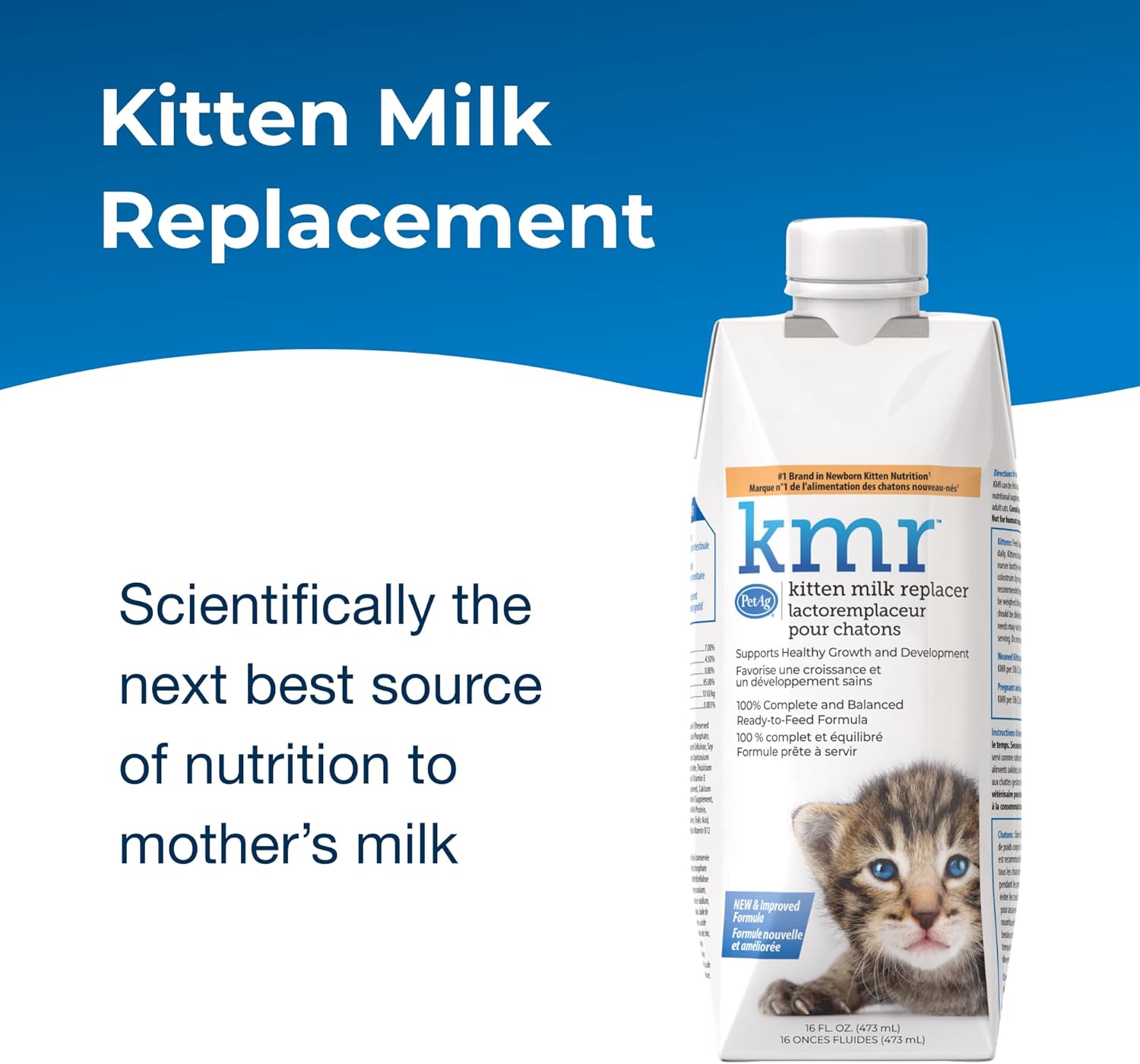 Side profile of PetAg KMR kitten milk package highlighting usage instructions and storage directions.