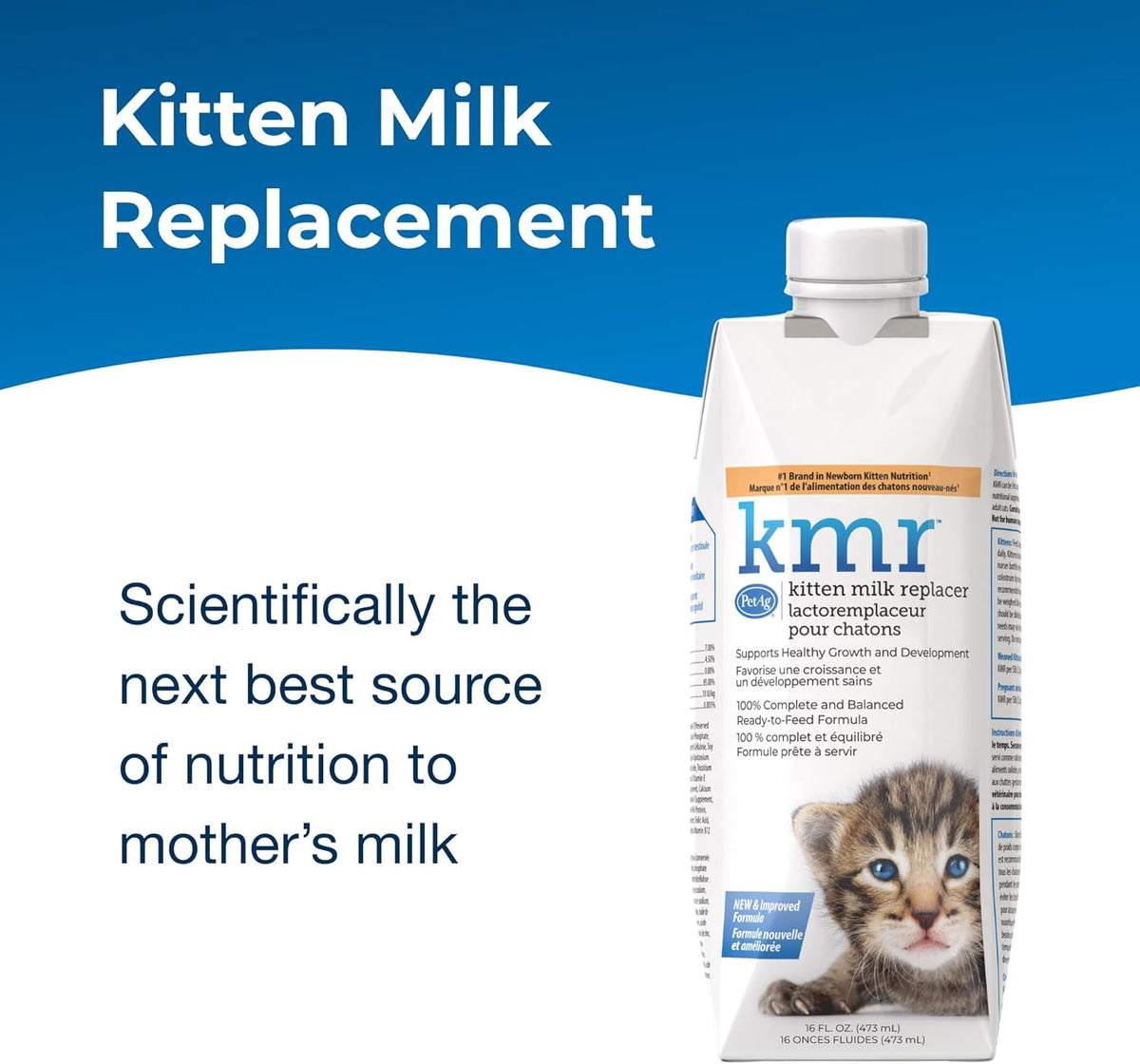 Side profile of PetAg KMR kitten milk package highlighting usage instructions and storage directions.