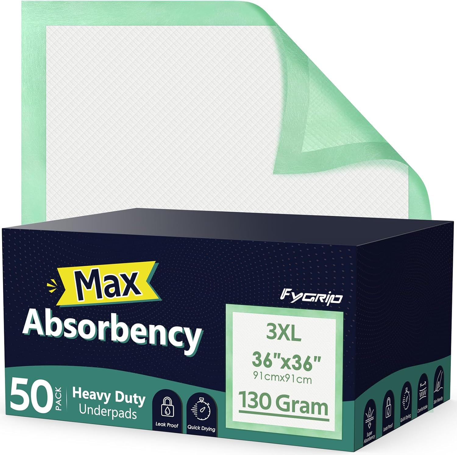 Fygrip hospital grade disposable underpads 50 count pack front view showcasing brand packaging.