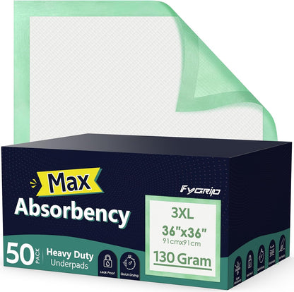 Fygrip hospital grade disposable underpads 50 count pack front view showcasing brand packaging.