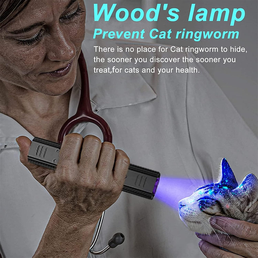 HUHKOUAE UV black light flashlight scanning a cat for skin analysis.
