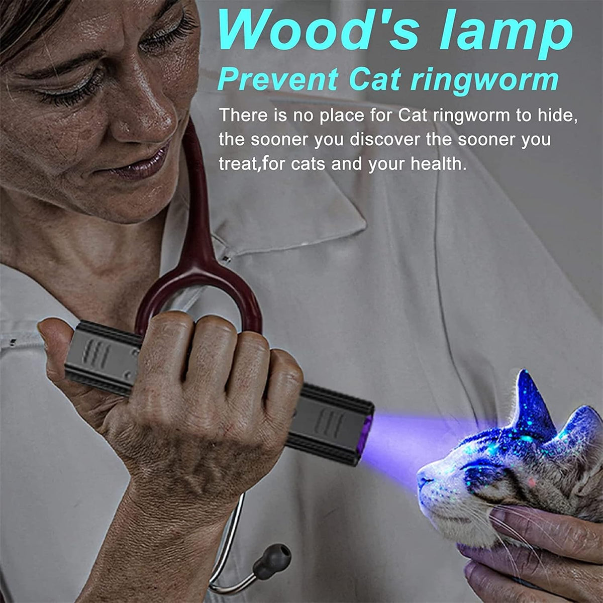 HUHKOUAE UV black light flashlight scanning a cat for skin analysis.