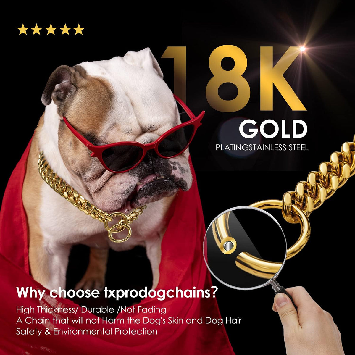 High-polished eighteen karat gold plating texture of the Txprodogchains training collar links.