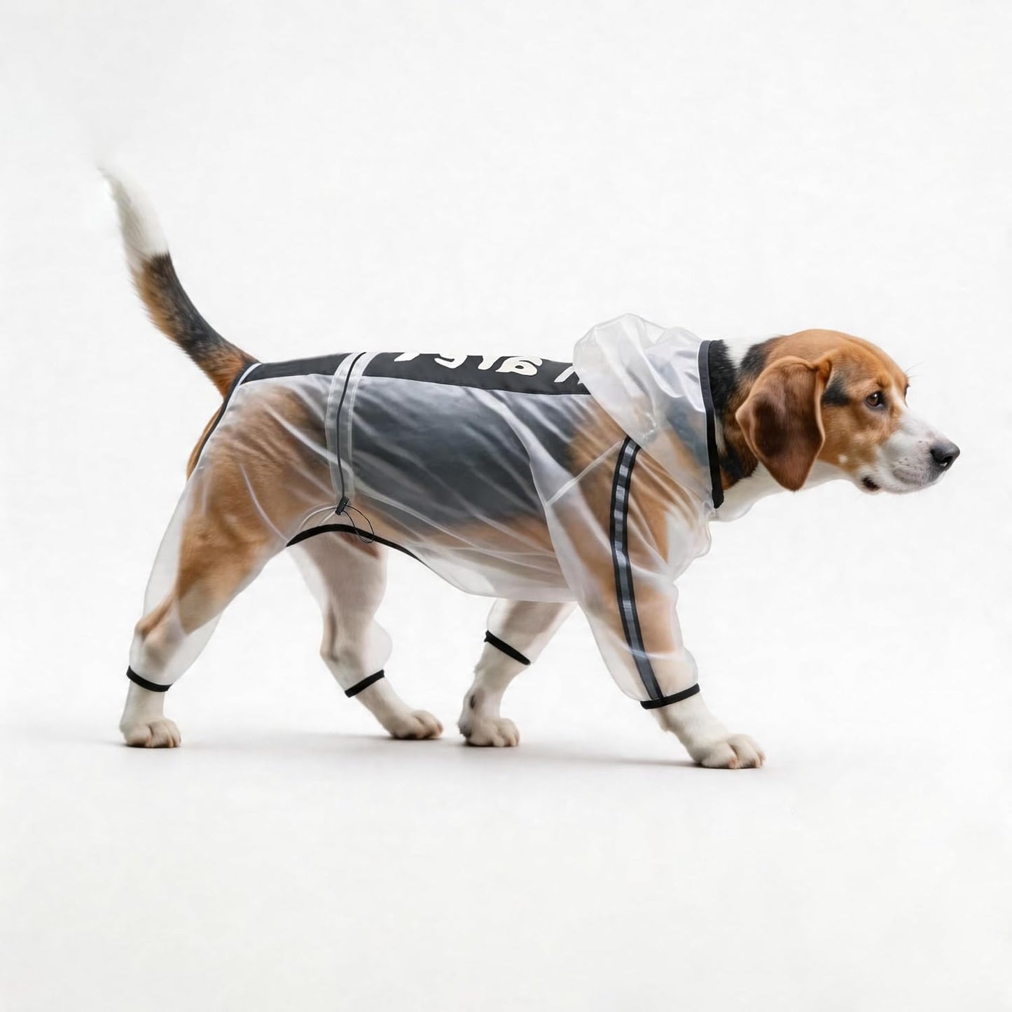 Olsa non toxic elastic pet rain jacket being adjusted on a dog.
