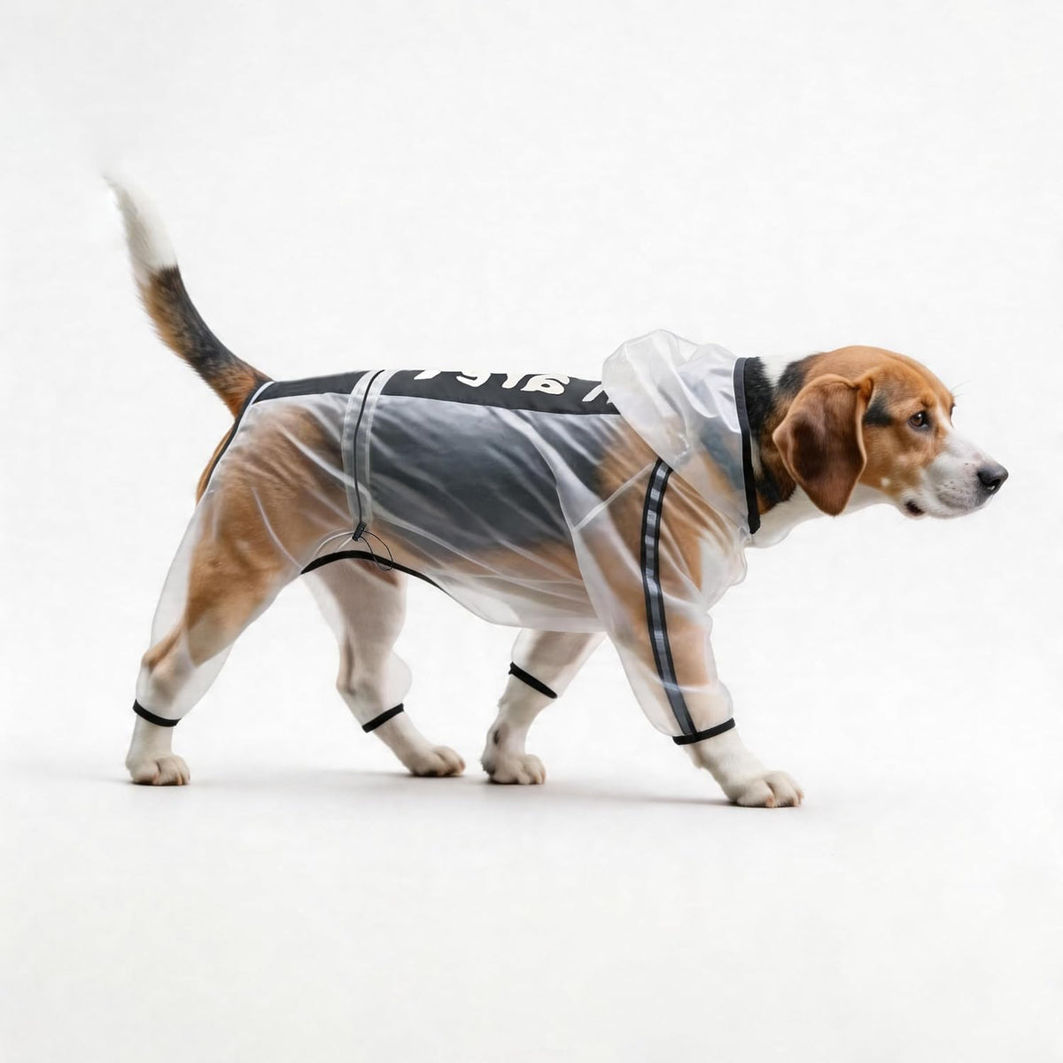 Olsa non toxic elastic pet rain jacket being adjusted on a dog.