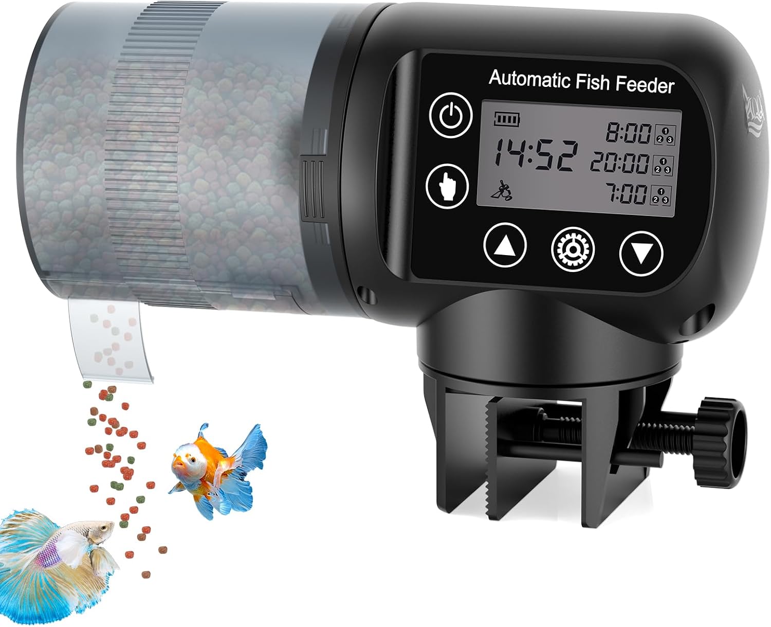 AQQA automatic fish feeder front view on a clear aquarium tank.