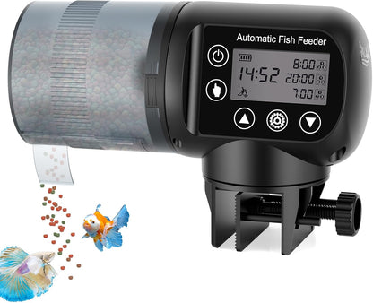 AQQA automatic fish feeder front view on a clear aquarium tank.
