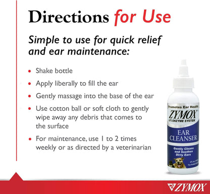 Zymox ear cleanser bottle next to a cotton ball for grooming context