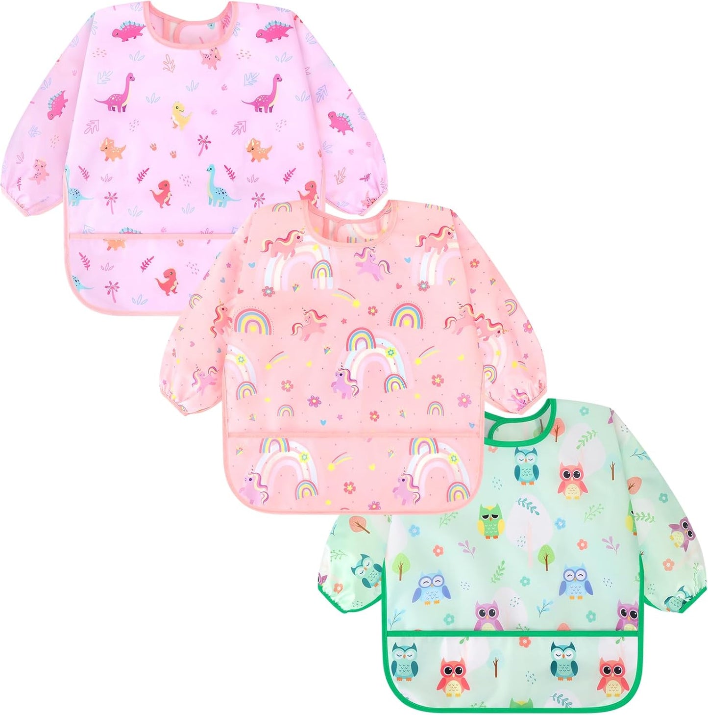 Accmor 3 Pack Long Sleeve Baby Bibs front view showcasing waterproof sleeved smock design for toddlers.