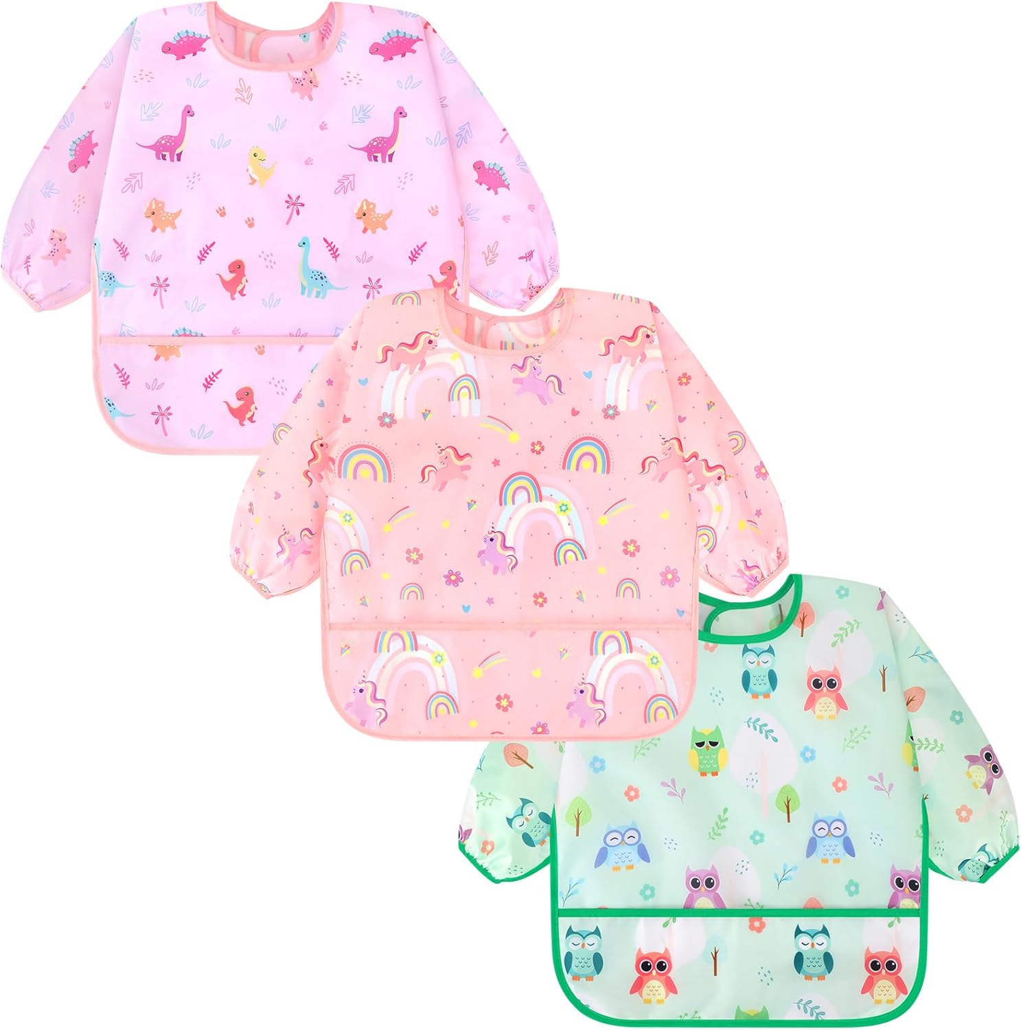Accmor 3 Pack Long Sleeve Baby Bibs front view showcasing waterproof sleeved smock design for toddlers.