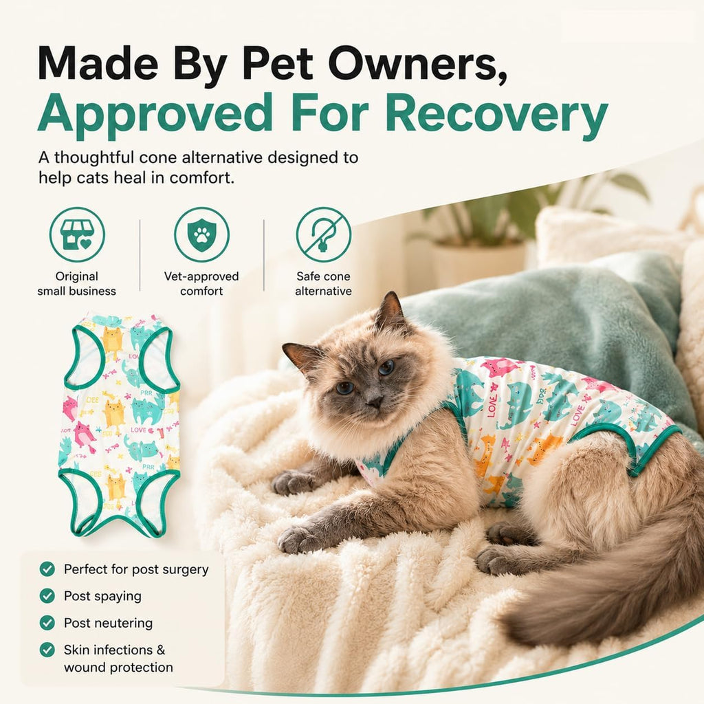 Male cat wearing post neuter recovery onesie