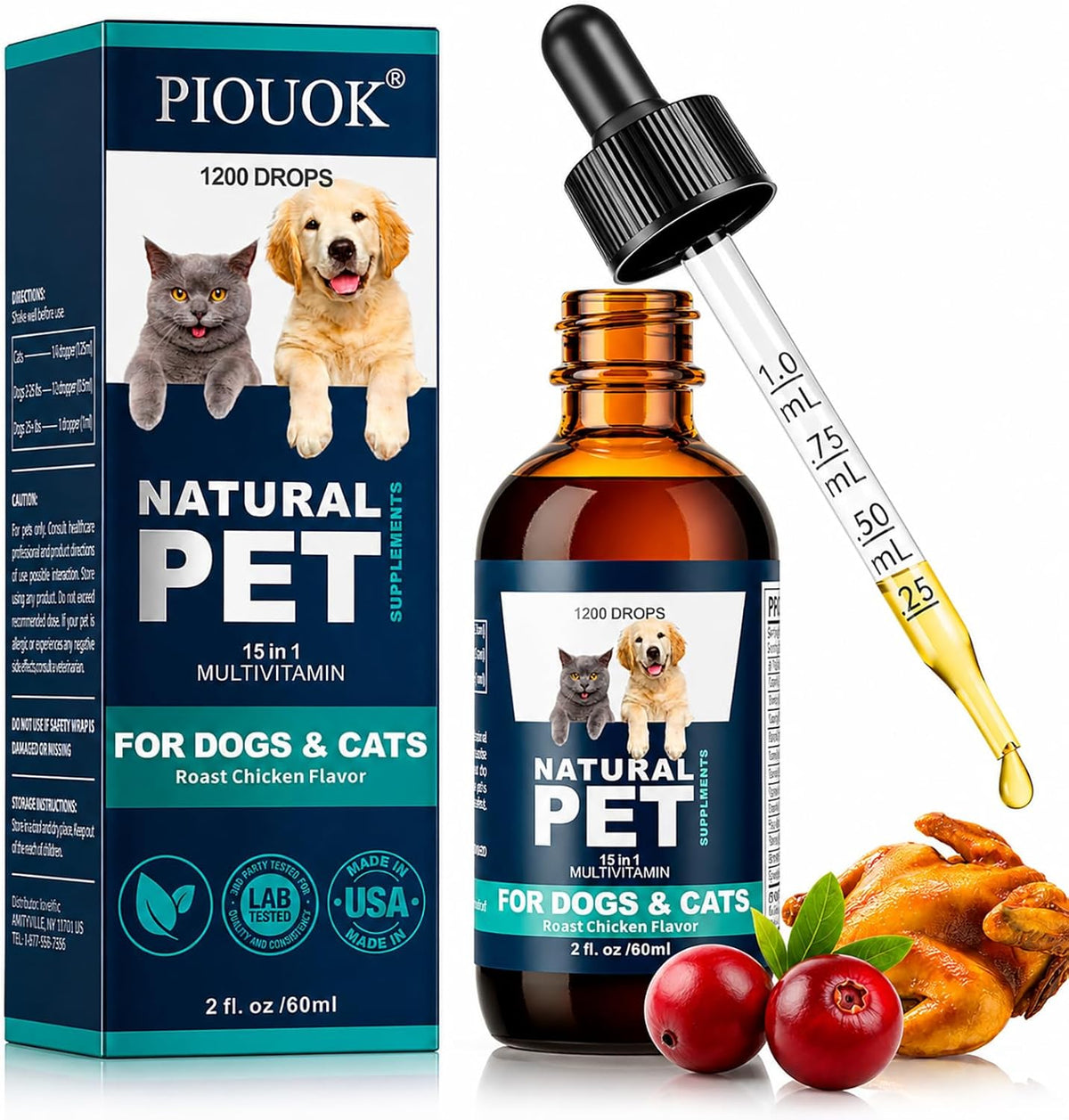 PIOUOK 15 in 1 pet multivitamin liquid front view showing the 60ml dropper bottle packaging.