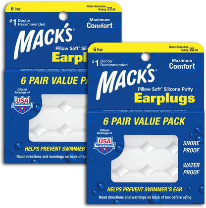 Mack's Pillow Soft Silicone Earplugs front packaging view for noise reduction