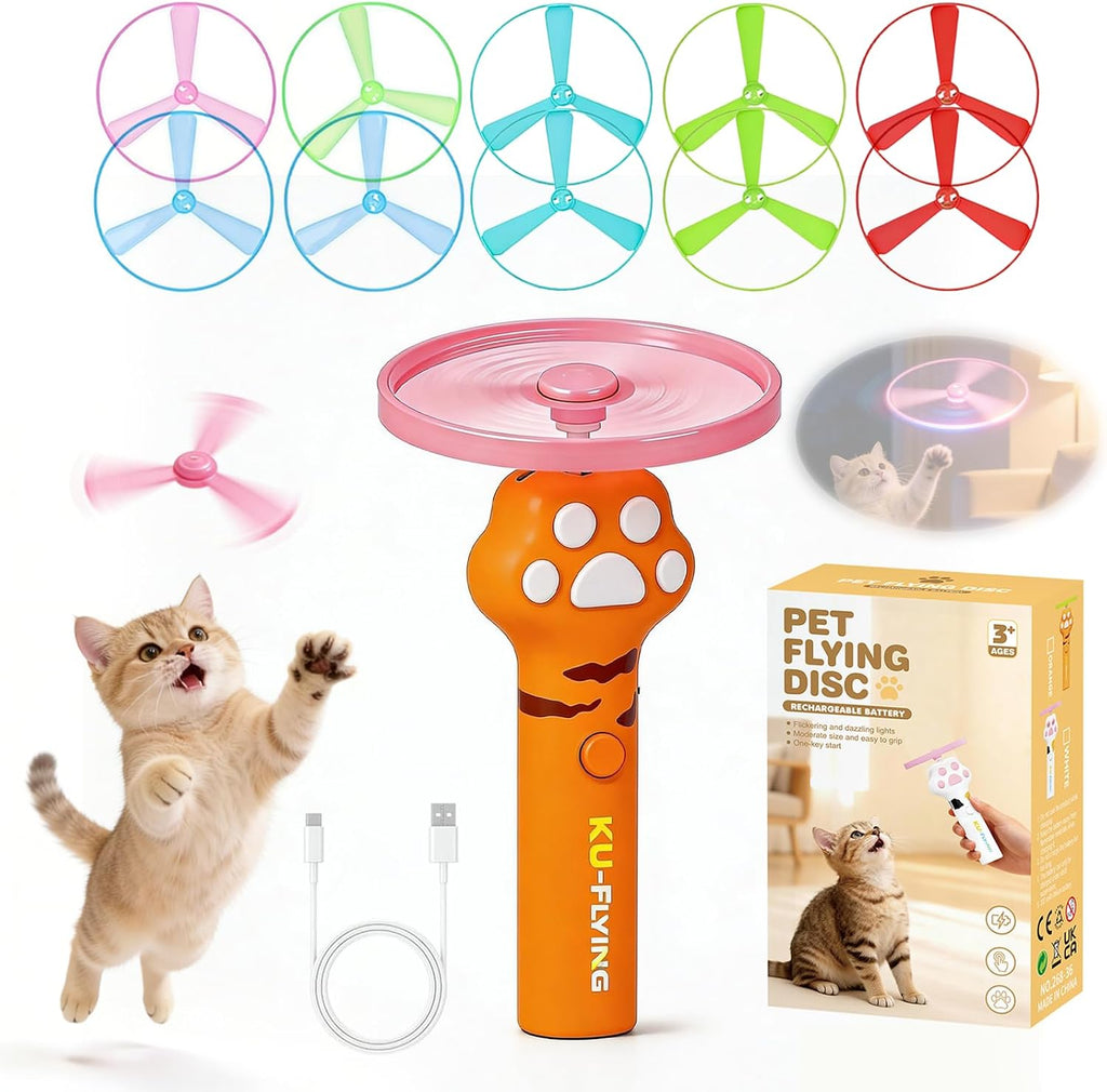 Cat Fetch Toy Launcher,Flying Disc Launcher Toy Rechargeable with 10 Flying Discs,Flying Cat Toy Disc Launcher for Kitten Dog Playing Interactive Hunting Tracking Toys for Outdoor Indoor,White - Image 11
