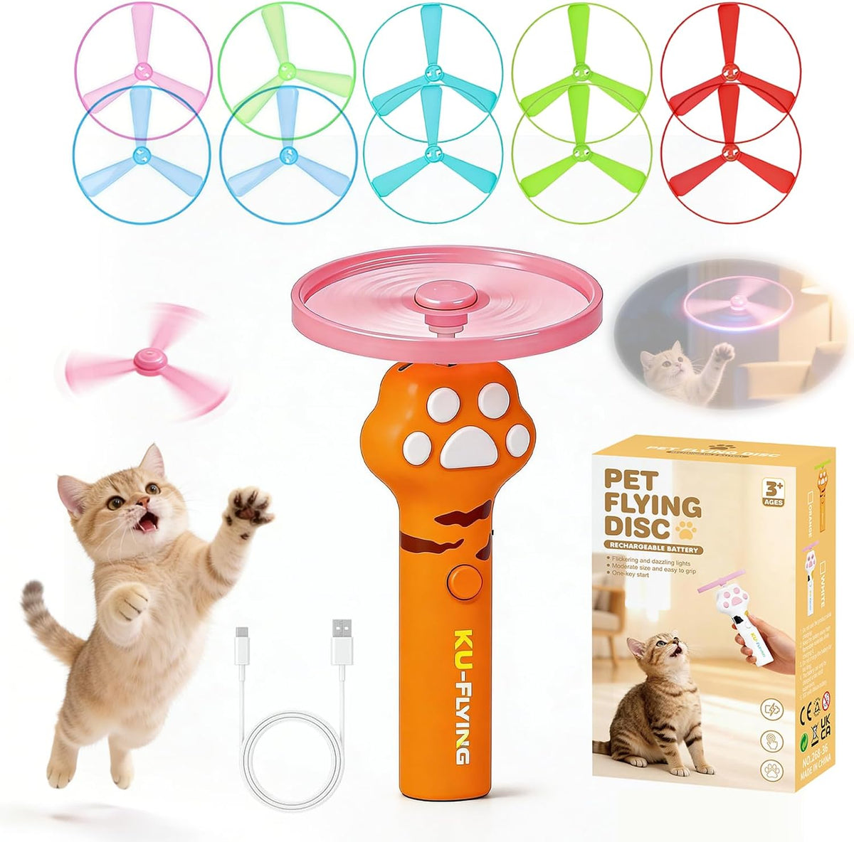 Cat Fetch Toy Launcher,Flying Disc Launcher Toy Rechargeable with 10 Flying Discs,Flying Cat Toy Disc Launcher for Kitten Dog Playing Interactive Hunting Tracking Toys for Outdoor Indoor,White - Image 11