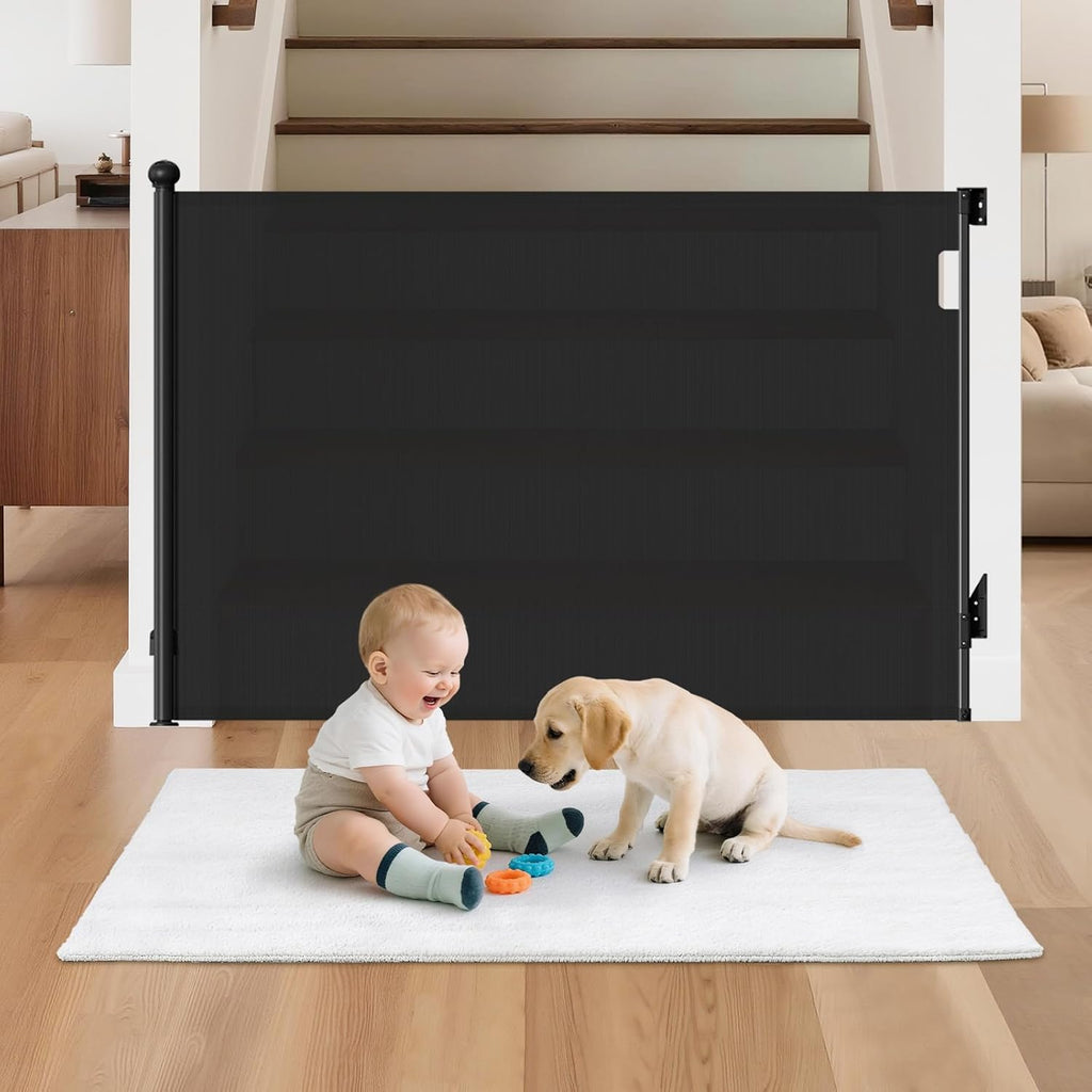 BBsecure Retractable Baby Gate front view installed in an open hallway doorway entry