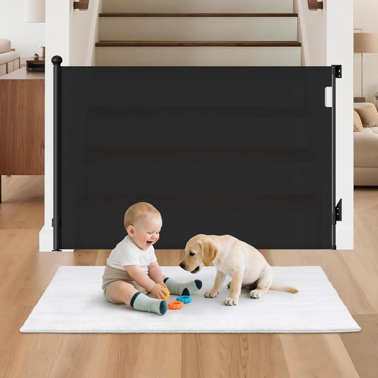 BBsecure Retractable Baby Gate front view installed in an open hallway doorway entry