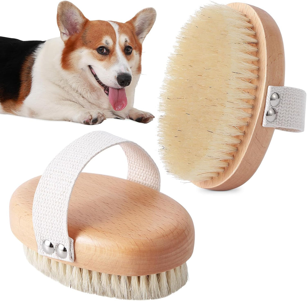 Myselect soft boar bristle pet palm brush front view for short haired dog grooming.