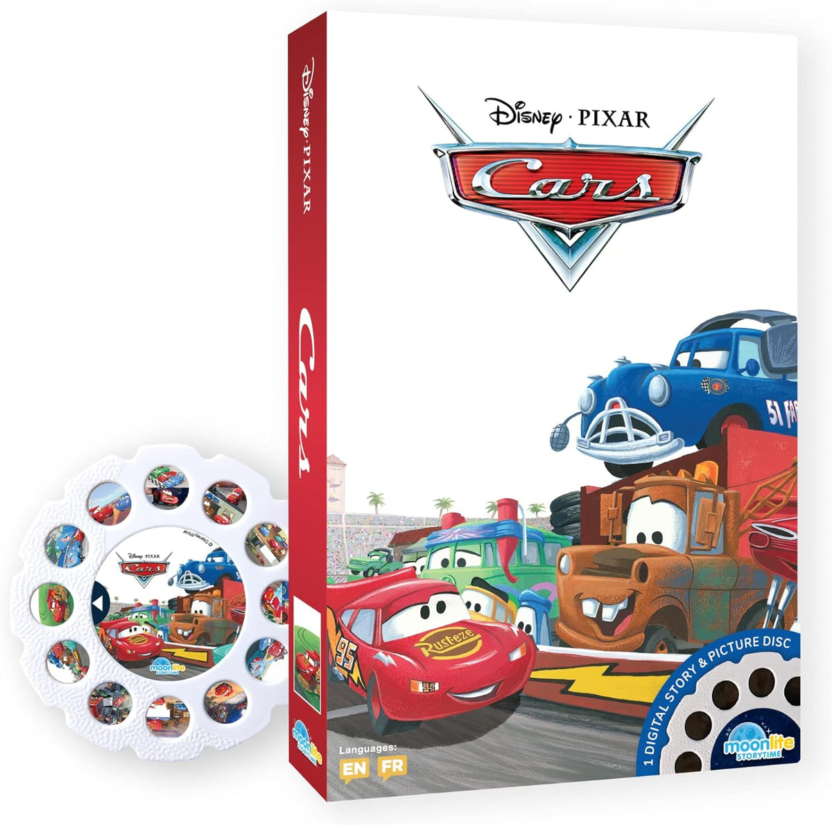 Moonlite Disney Pixar Cars Storytime Disc front view showing the circular story reel packaging.