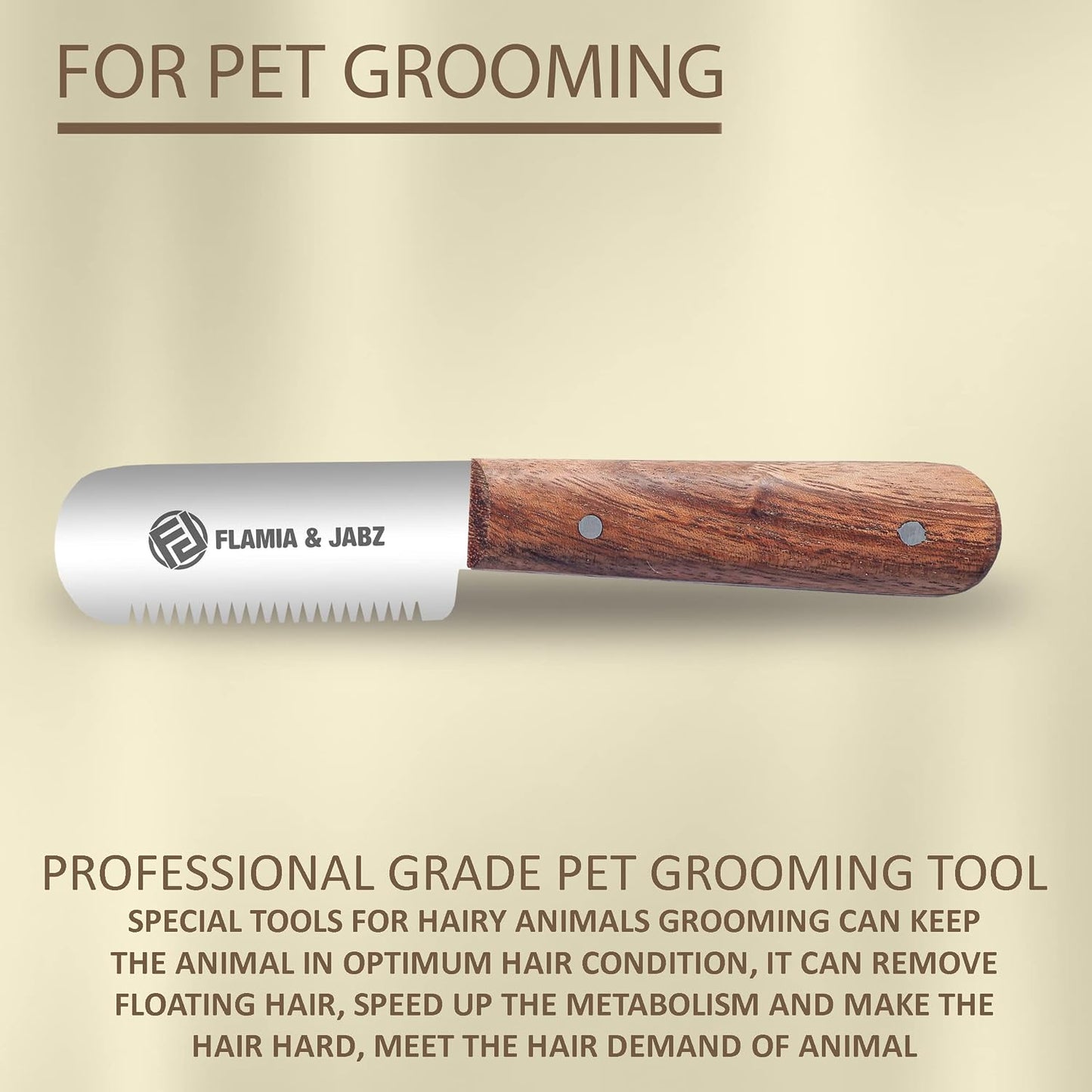 FLAMIA & JABZ dog grooming knife showing the ergonomic wooden non slip grip.