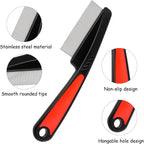 Fine-tooth pet comb by WeddHuis demonstrating flea and loose fur removal on a dog coat.