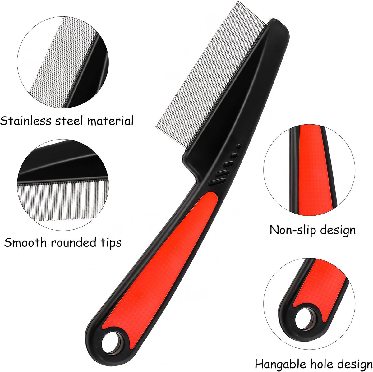Fine-tooth pet comb by WeddHuis demonstrating flea and loose fur removal on a dog coat.