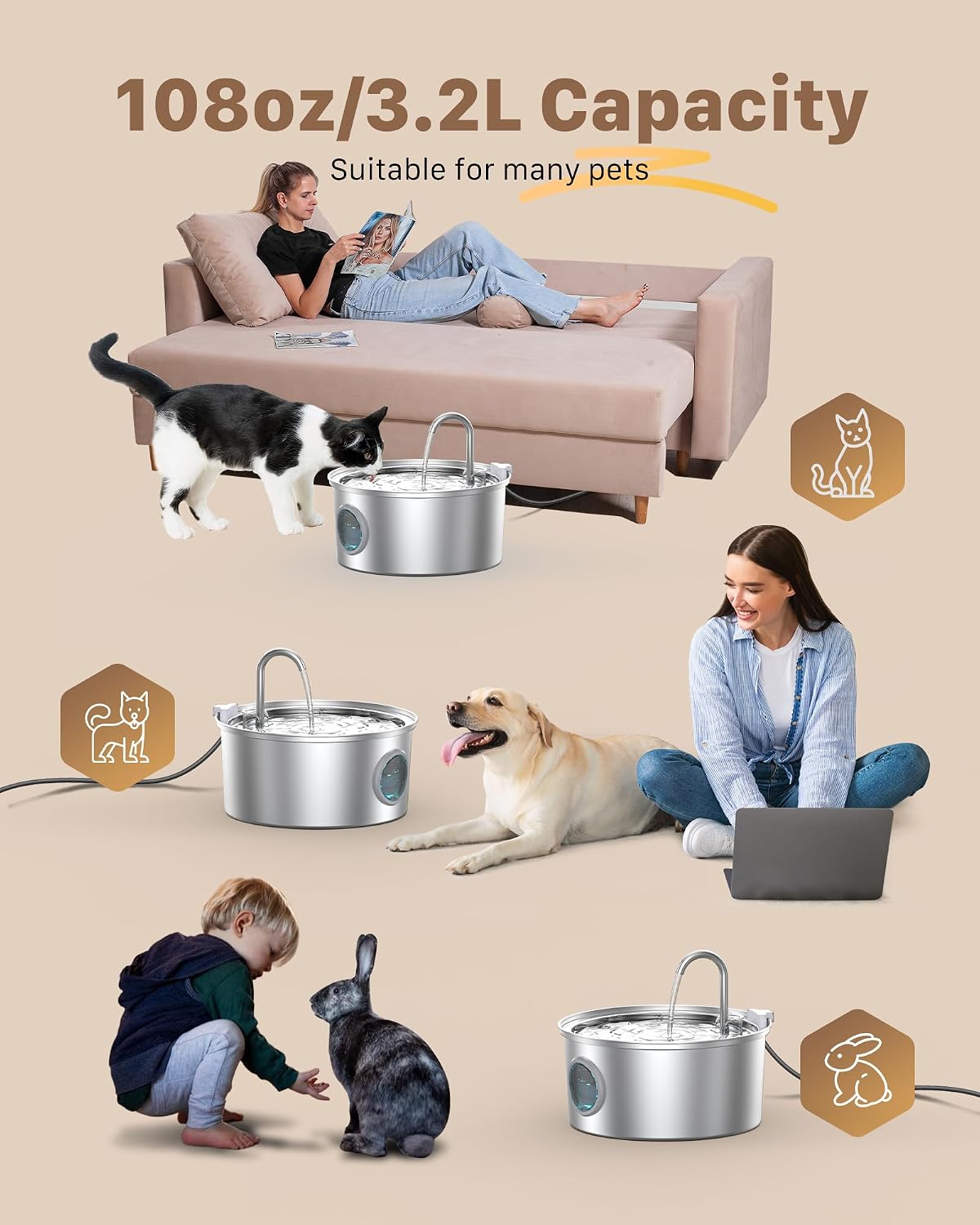 Multi-stage filtration system components for pet fountain