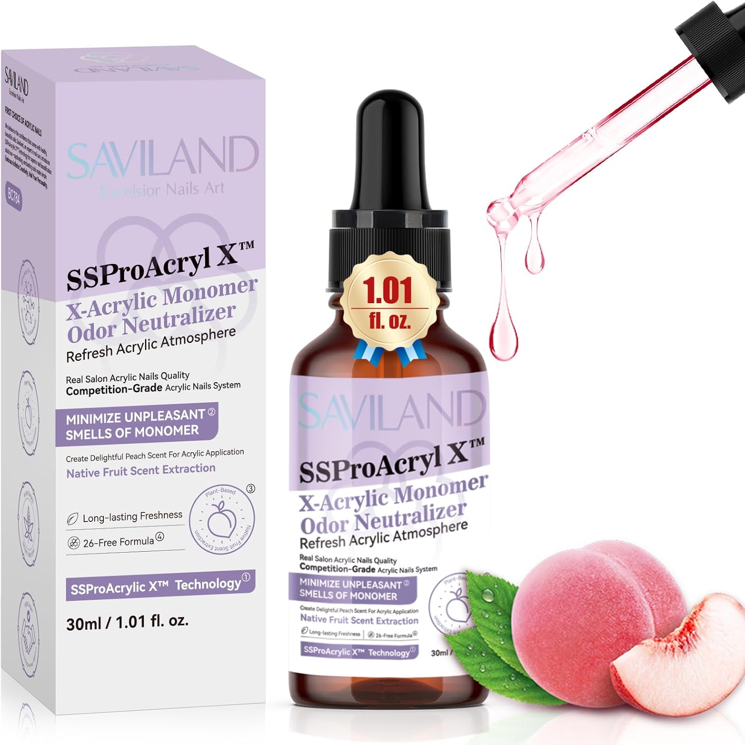 SAVILAND Monomer Odor Neutralizer thirty milliliter bottle front view showcasing peach scent label and dropper cap