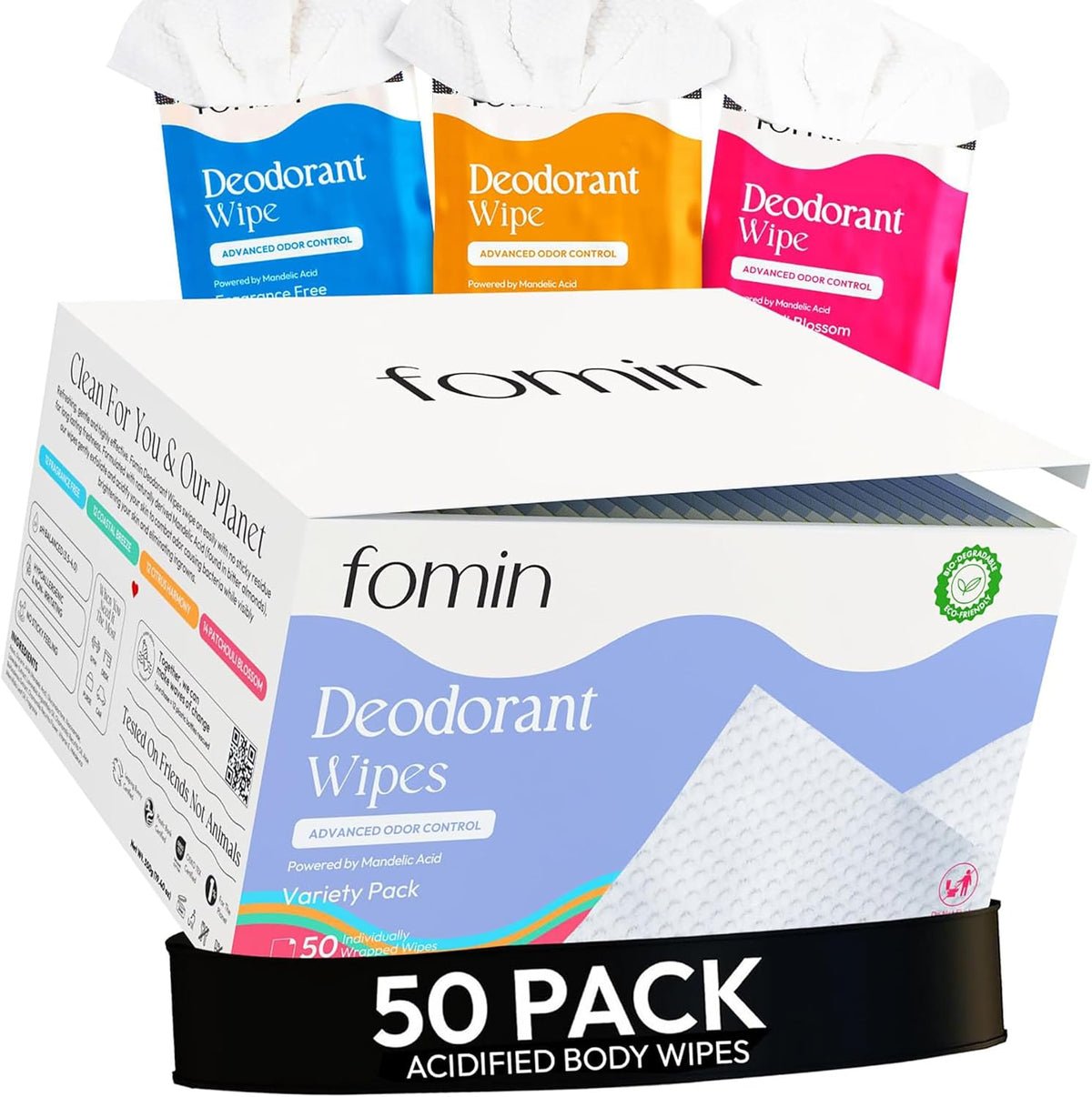 FOMIN Acidified Travel Deodorant Wipes 50 Count variety pack front view showing individually wrapped sachets.