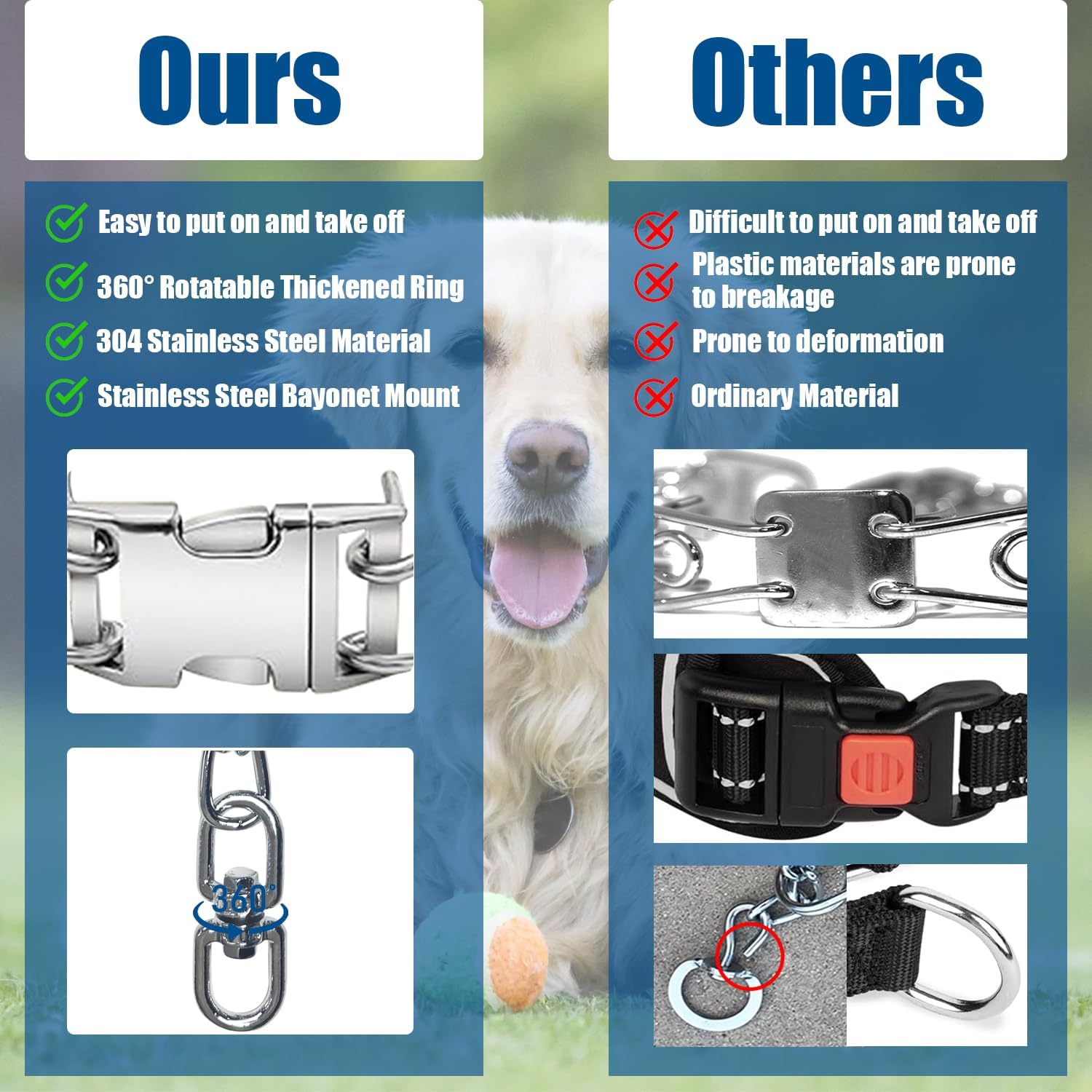 Adjustable stainless steel dog training collar laid flat showing the included extra replacement links.