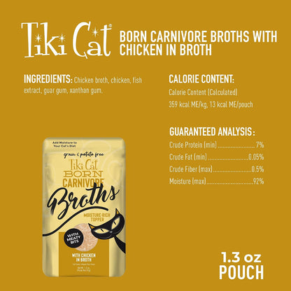 Authentic USA imported Tiki Cat Born Carnivore broth poured over dry kibble