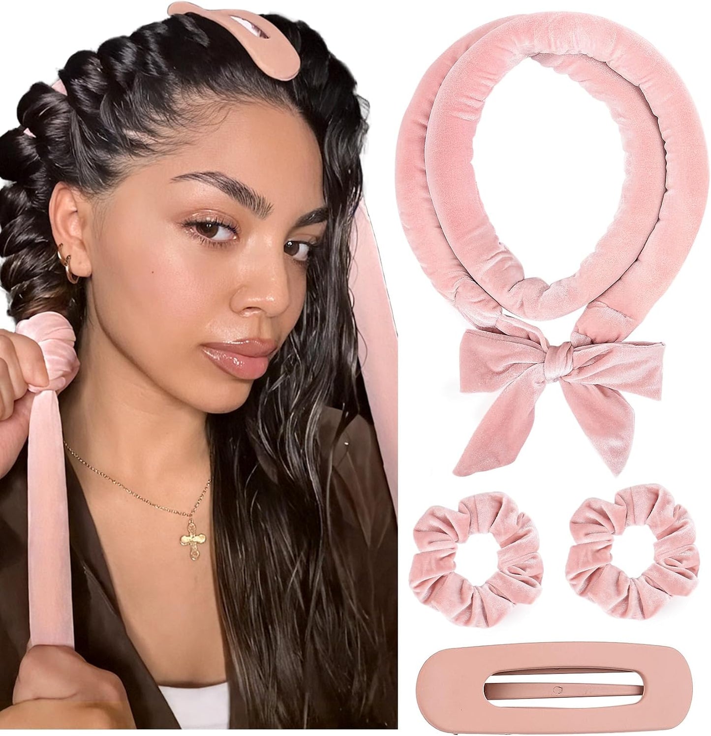 Yanibest Heatless Hair Curler front view showcasing the pink velvet ribbon kit.