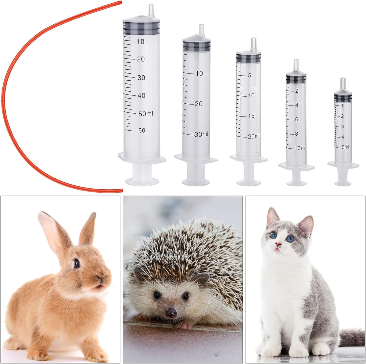 Jutom newborn pet care kit package contents featuring five rubber tubes and five syringes for assisted feeding.