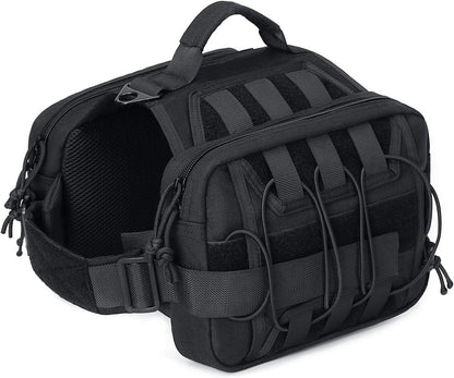 Petmolico Dog Saddle Bag front view showing the black nylon hiking harness on a large hound.