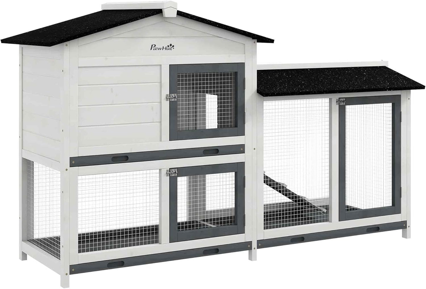 PawHut 62" Rabbit Hutch, Wooden Bunny Hutch, Guinea Pig Cage, Small Animal Enclosure with Run Area, Removable Tray, Asphalt Roof, Lockable Doors and Ramp, for Rabbits, Chickens, Ducks, White - Image 1
