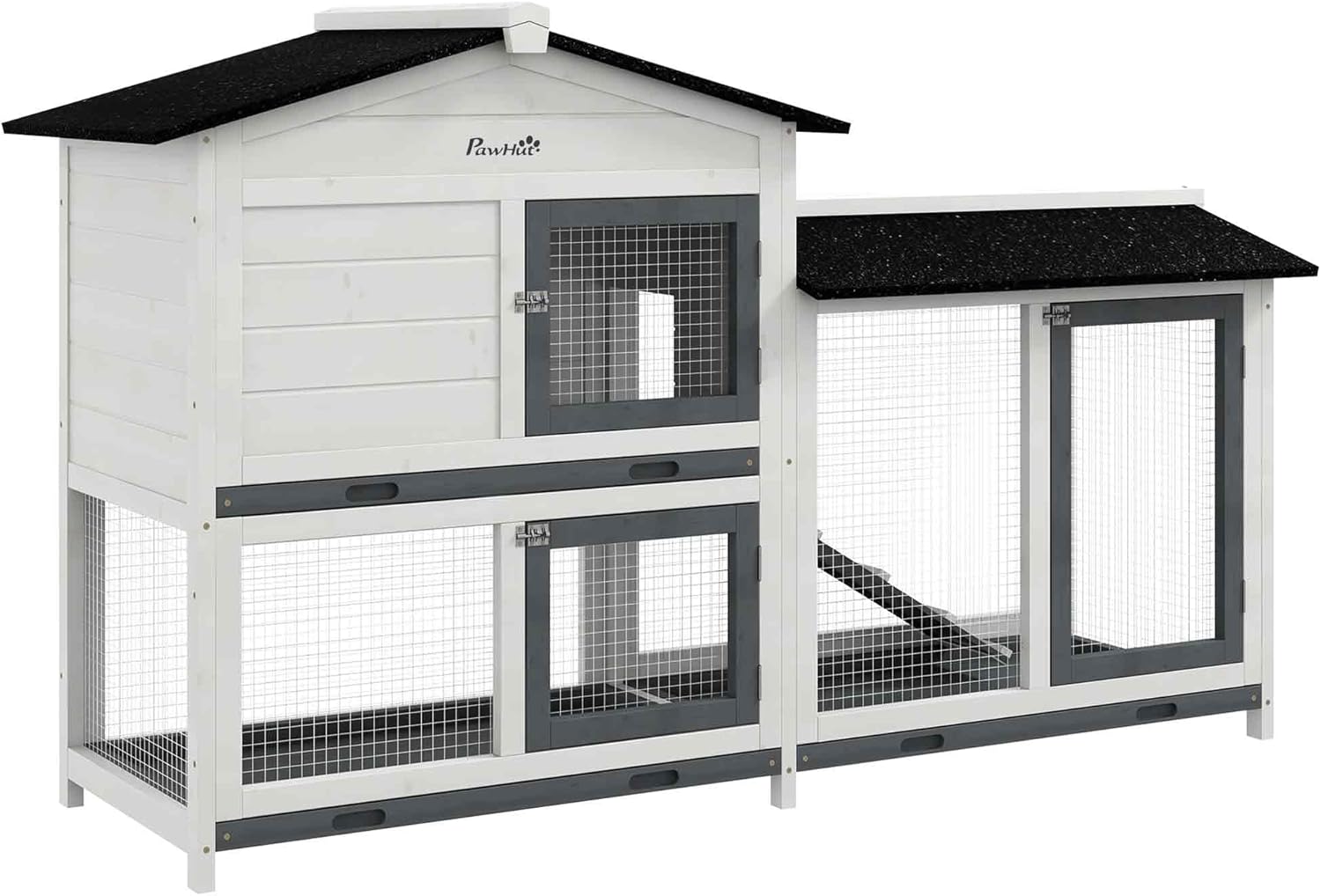 PawHut 62" Rabbit Hutch, Wooden Bunny Hutch, Guinea Pig Cage, Small Animal Enclosure with Run Area, Removable Tray, Asphalt Roof, Lockable Doors and Ramp, for Rabbits, Chickens, Ducks, White - Image 1