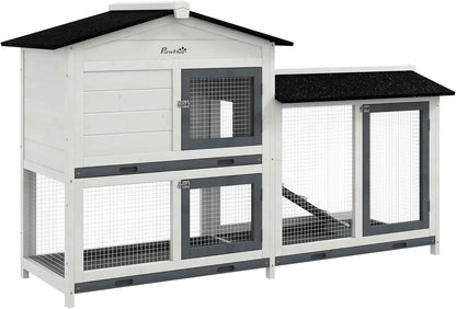 PawHut 62" Rabbit Hutch, Wooden Bunny Hutch, Guinea Pig Cage, Small Animal Enclosure with Run Area, Removable Tray, Asphalt Roof, Lockable Doors and Ramp, for Rabbits, Chickens, Ducks, White - Image 1