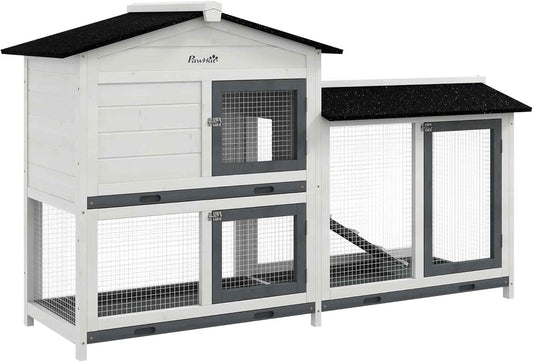PawHut 62" Rabbit Hutch, Wooden Bunny Hutch, Guinea Pig Cage, Small Animal Enclosure with Run Area, Removable Tray, Asphalt Roof, Lockable Doors and Ramp, for Rabbits, Chickens, Ducks, White - Image 1