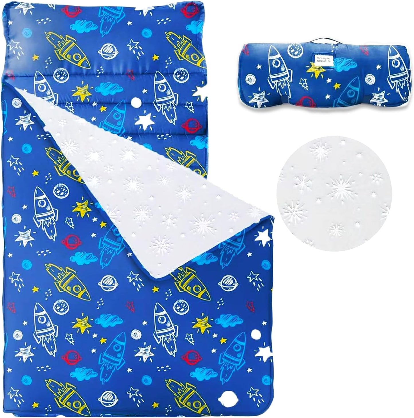 Haleeone Toddler Nap Mat front view featuring blue space rocket design unrolled with pillow.