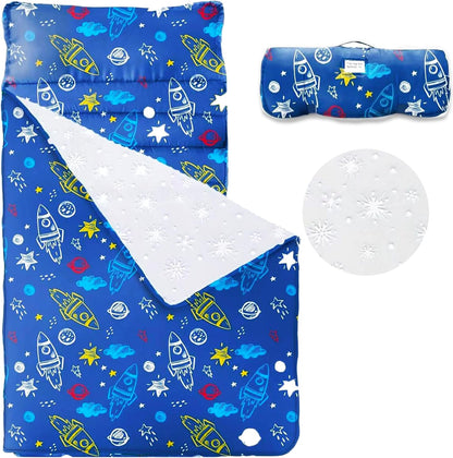 Haleeone Toddler Nap Mat front view featuring blue space rocket design unrolled with pillow.