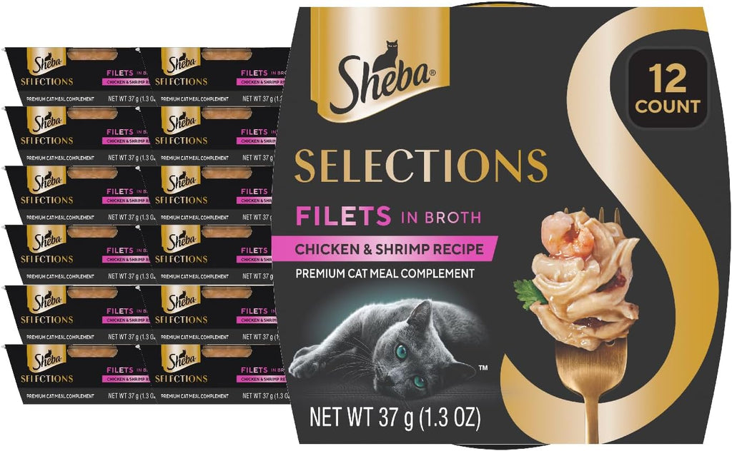 Sheba Selections Filets in Broth, Adult Cat Food Wet Recipe, Meal Complement, Wet Cat Food Variety Pack, Chicken, Chicken & Tuna, or Chicken & Shrimp Recipe, 1.3 oz. Cups, 24 Count - Image 14