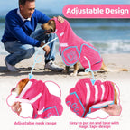 Open front leg design on machine washable pink dog bathrobe