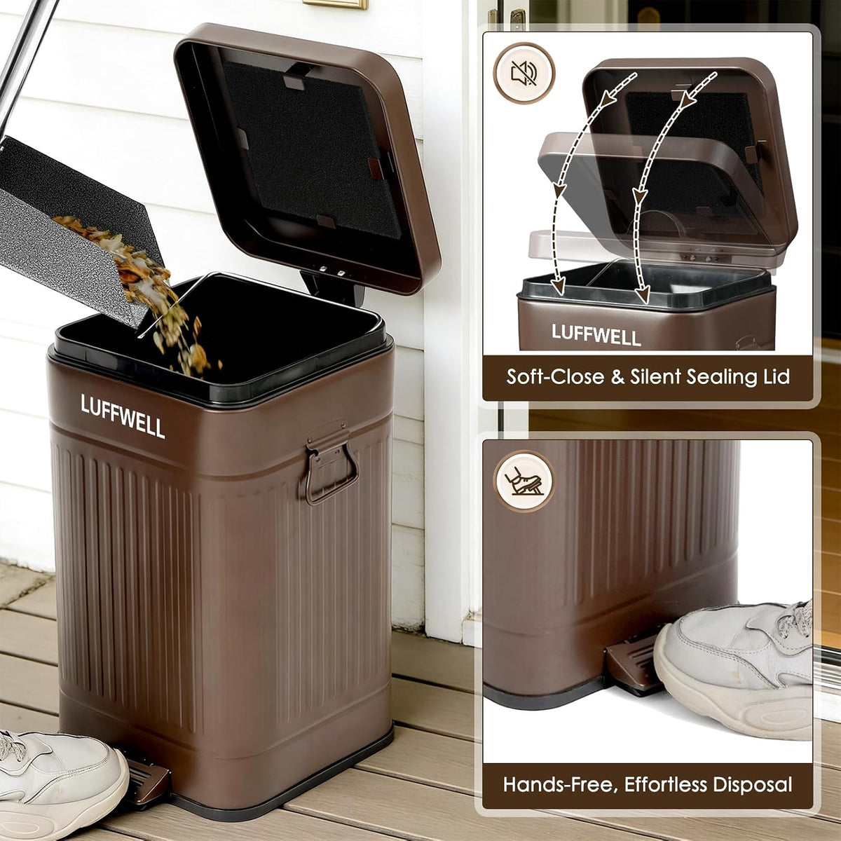 Nevink outdoor dog waste container with the soft close lid open showing the inner bucket capacity.