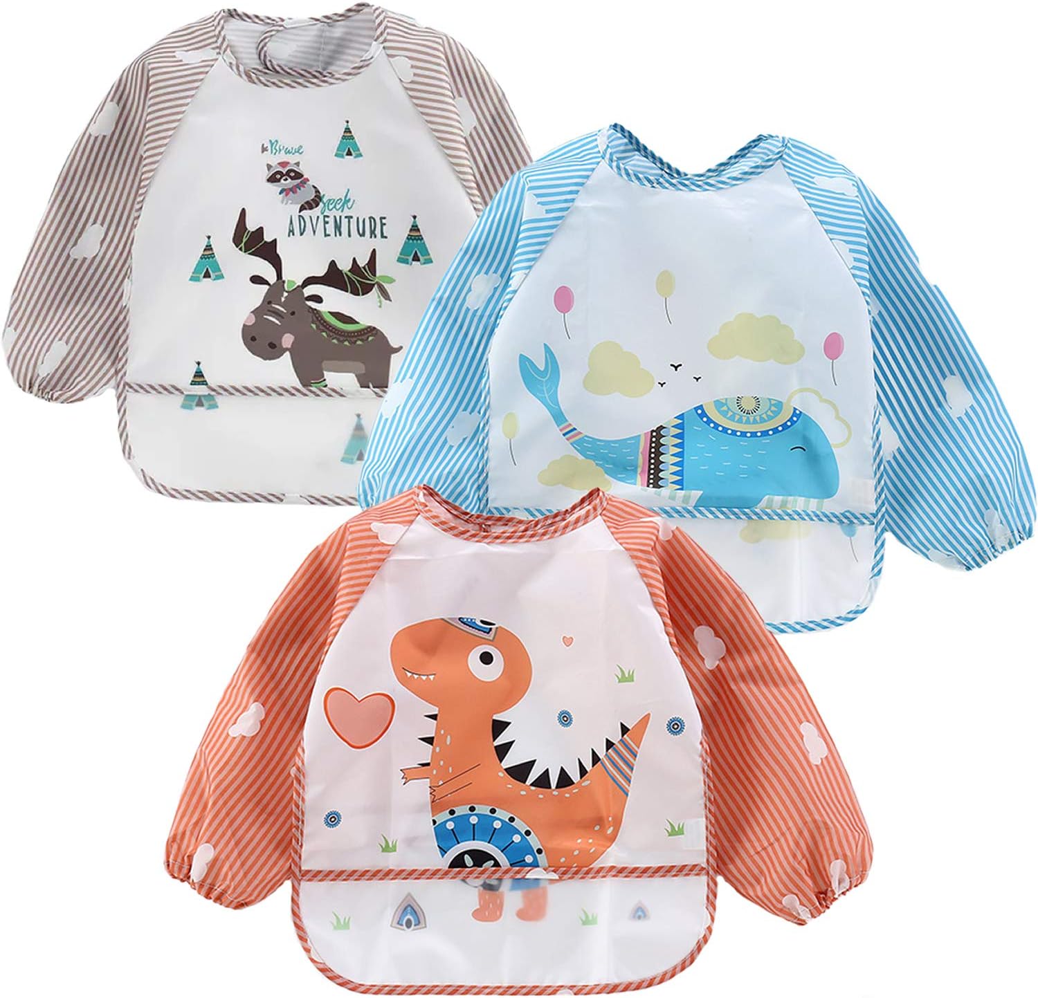 PandaEar waterproof long sleeve baby feeding bibs 3 pack front view showing colorful dinosaur designs