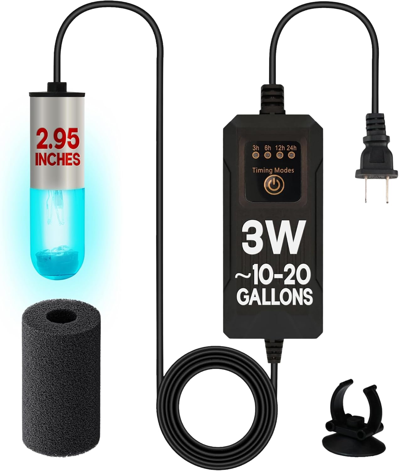 Aquatic Eden Mini UV Aquarium Light front view showing compact quartz glass tube and inline timer controller.