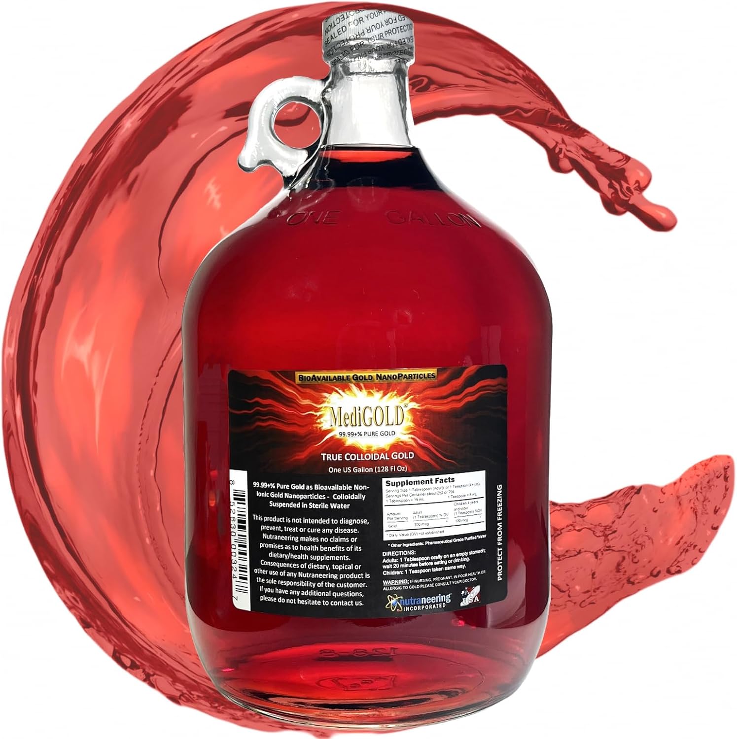 MediGOLD True Colloidal Gold 1 Gallon Clear Glass Jug Front View