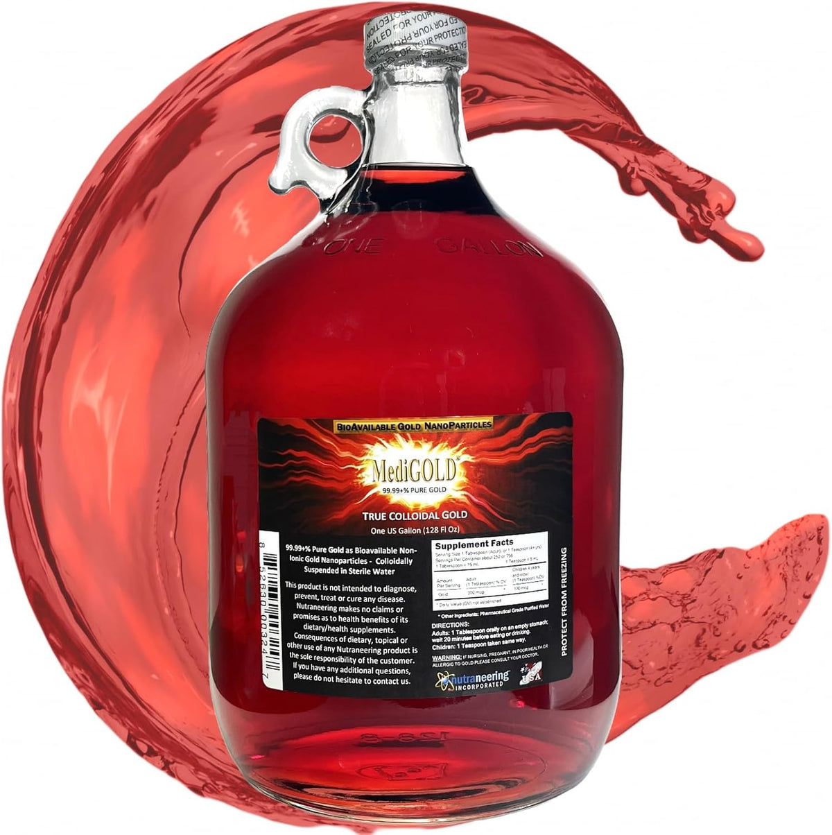 Medigold True Colloidal Gold 1 Gallon Clear Glass Jug Front View