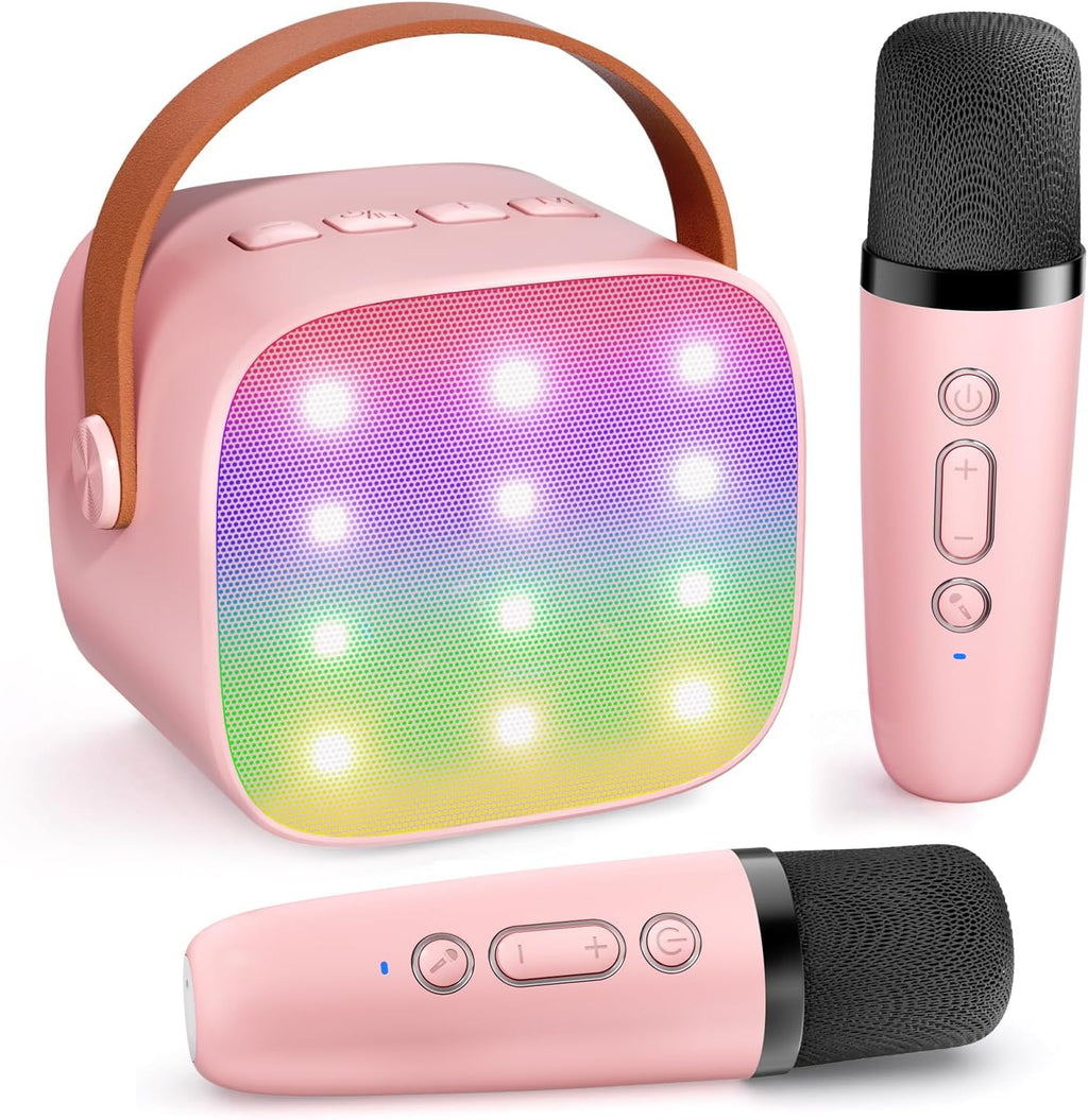 Haomuren mini karaoke machine pink front view showing compact speaker body and premium control buttons.