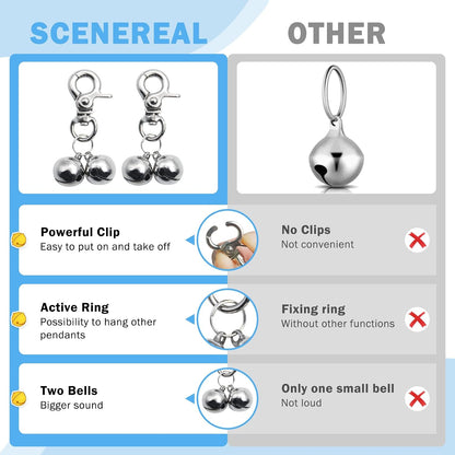 Two heavy duty snap clips with four silver jingle bells for cats and dogs